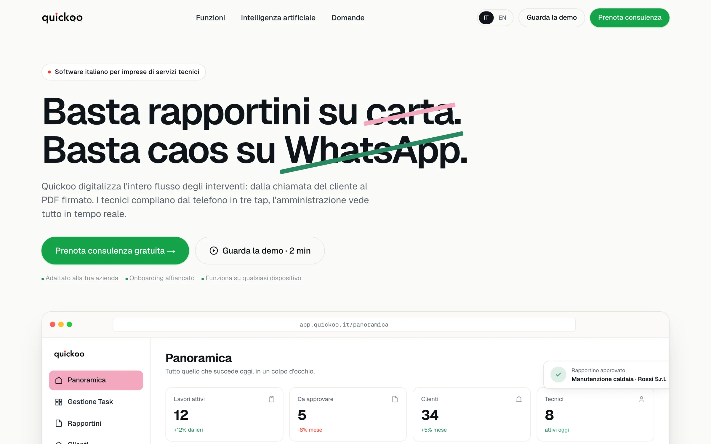 The quickoo.it homepage: Basta rapportini su carta. Basta caos su WhatsApp.