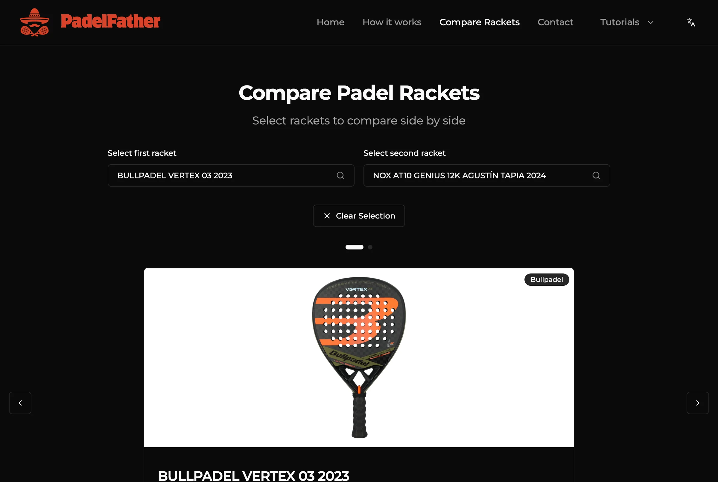 PadelFather racket comparer showing a Bullpadel Vertex 03 selected against a Nox AT10