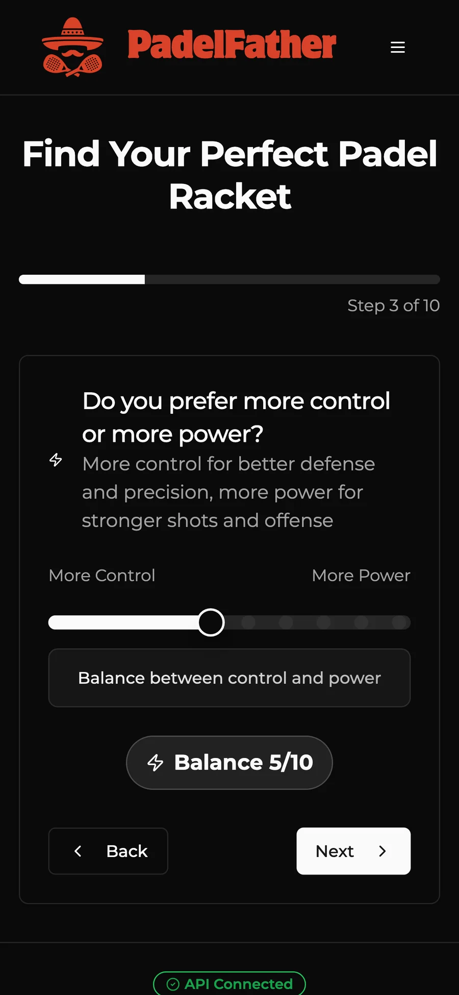 PadelFather on a phone: control or power slider