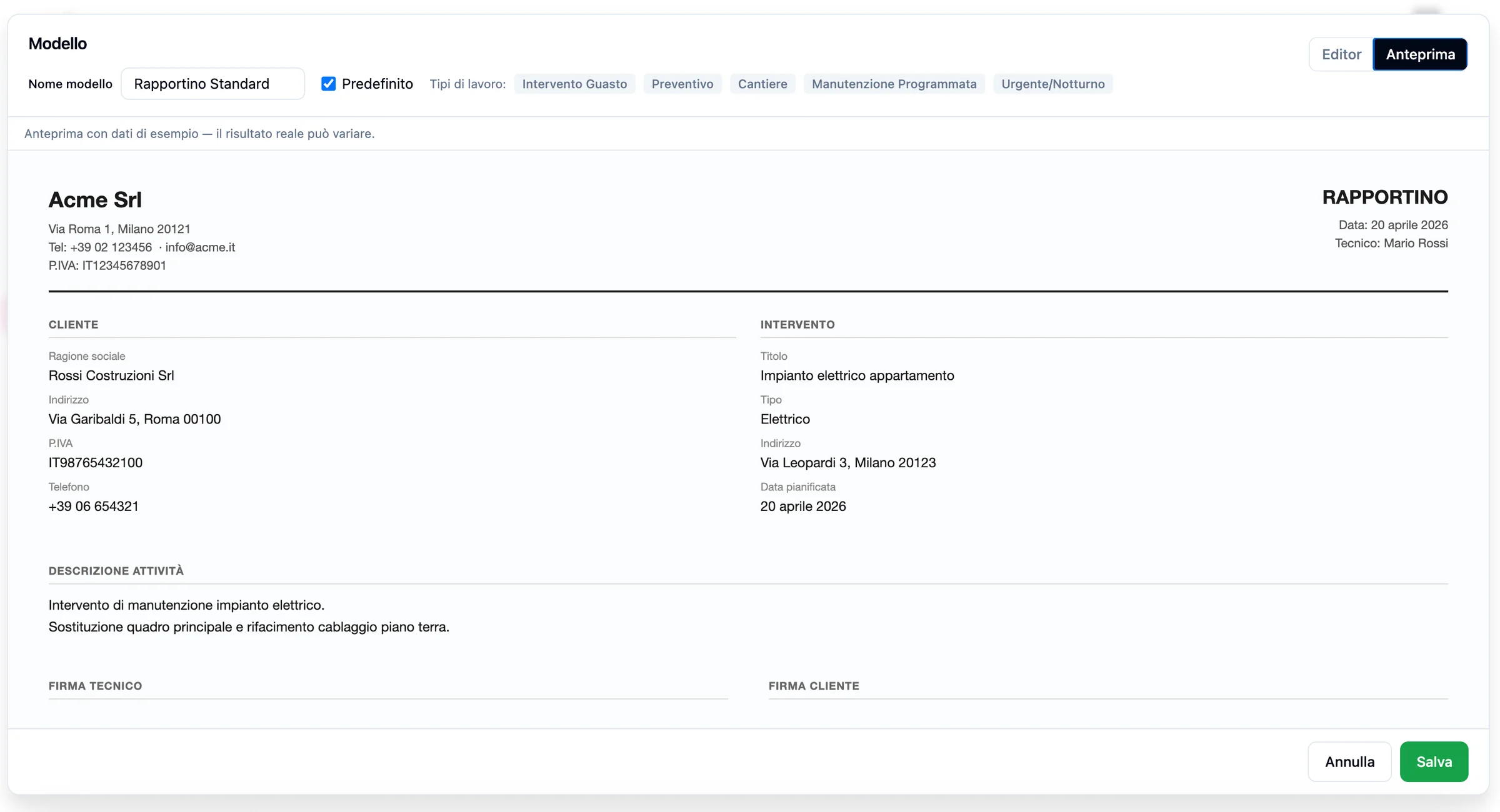 Quickoo PDF template preview with company header, client, job and signatures