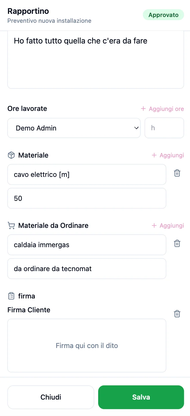 Quickoo report form with hours, materials, materials to order and customer signature