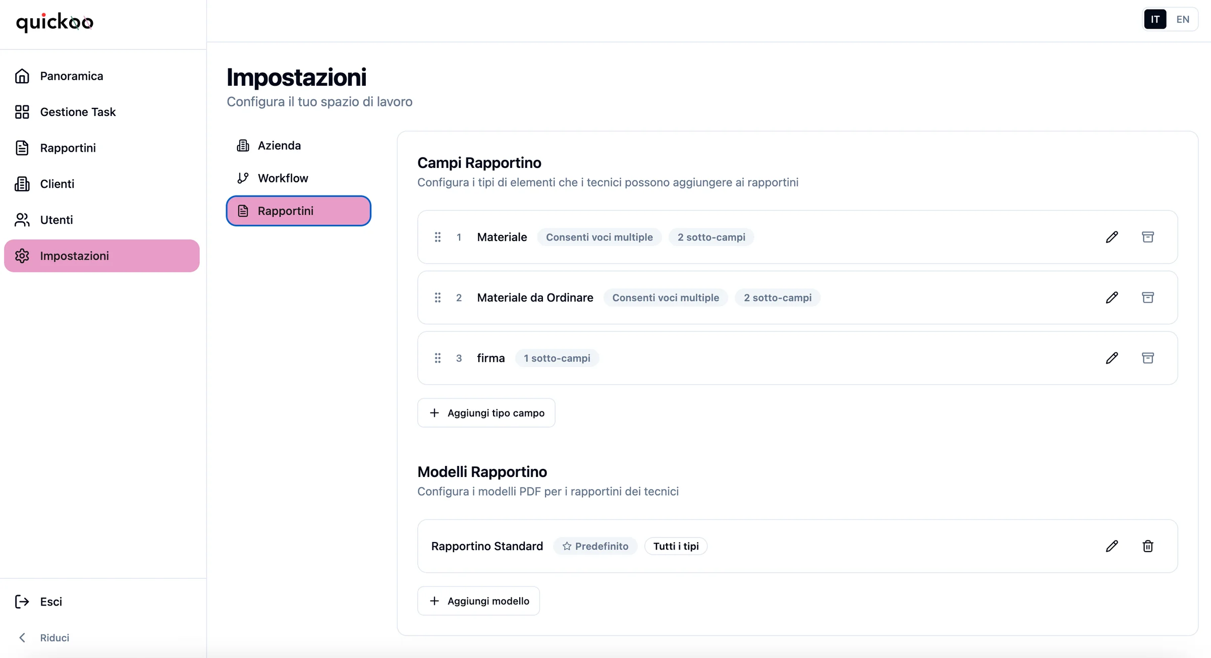 Quickoo settings: configurable report fields and PDF report templates