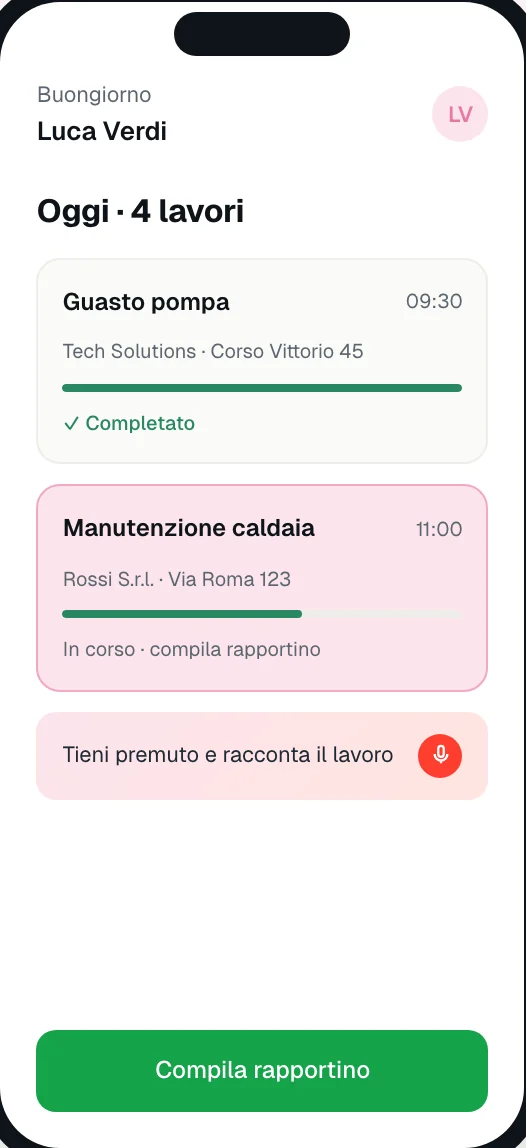 App tecnico di Quickoo: i quattro interventi di oggi e il pulsante per il rapportino vocale